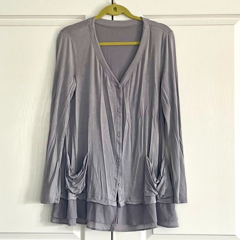 LOGO by Lori Goldstein LS Button Cardigan w/Sheer Fabric Hems Sz M
